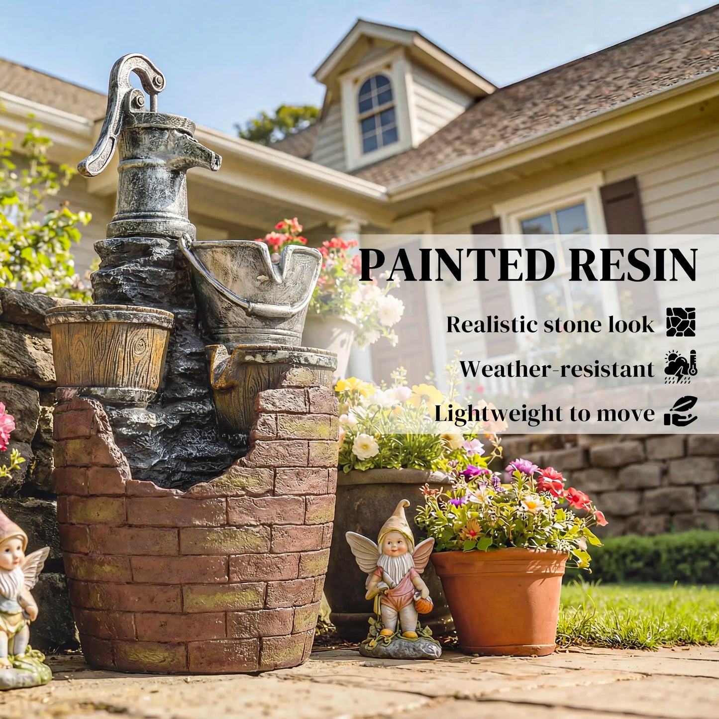 4-Tier Outdoor Fountain With Planter, Cascading Waterfall, LED Lights, Rustic Brown And Grey Water Fountains at Gallery Canada