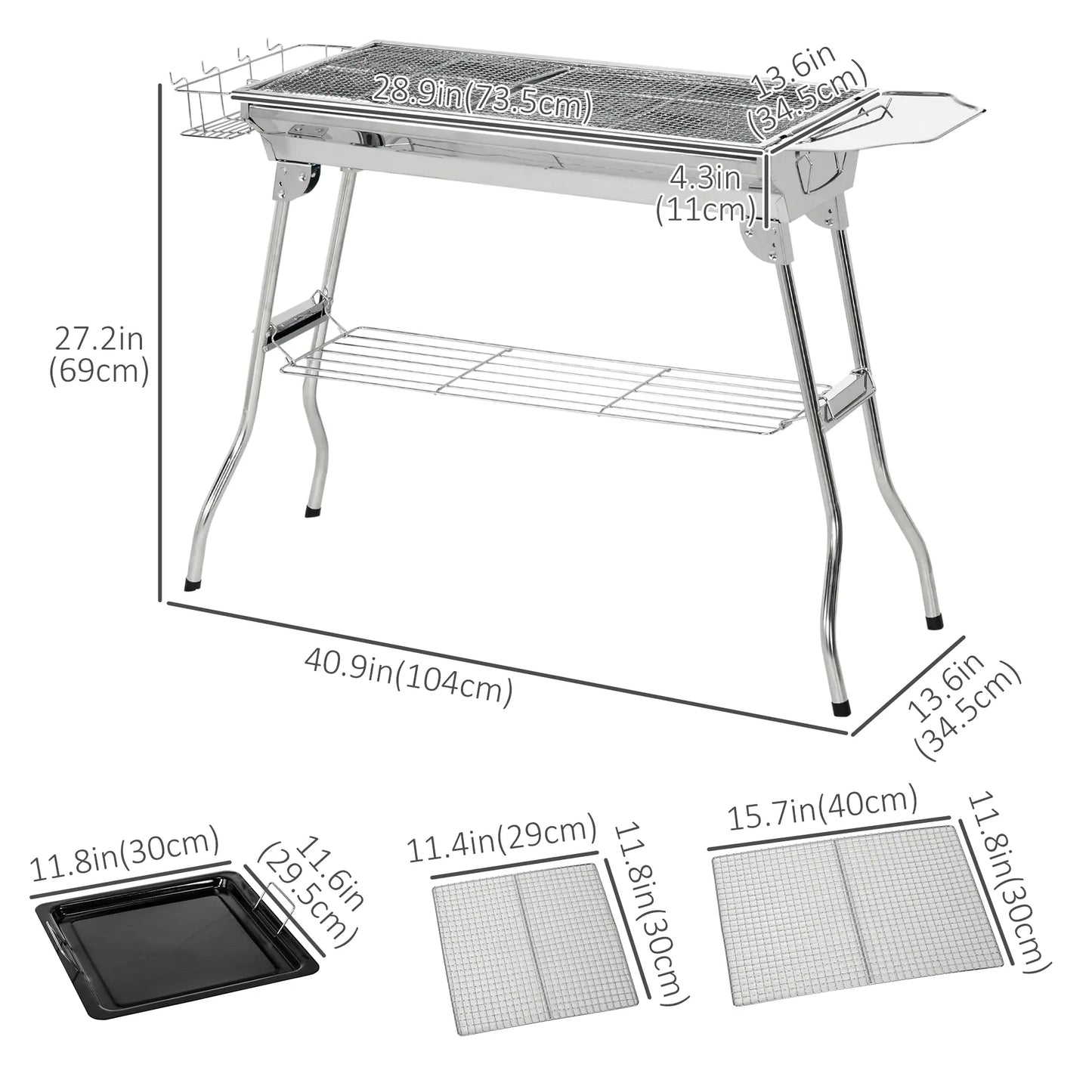 Portable Charcoal Grill, Stainless Steel, Folding With Shelf