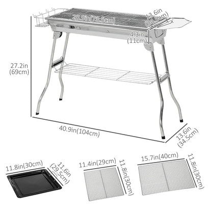 Portable Charcoal Grill, Stainless Steel, Folding With Shelf