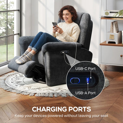 Power Recliner Chair, Fabric Upholstery, USB Ports, Swivel Rocking, Dark Grey Single Sofas at Gallery Canada