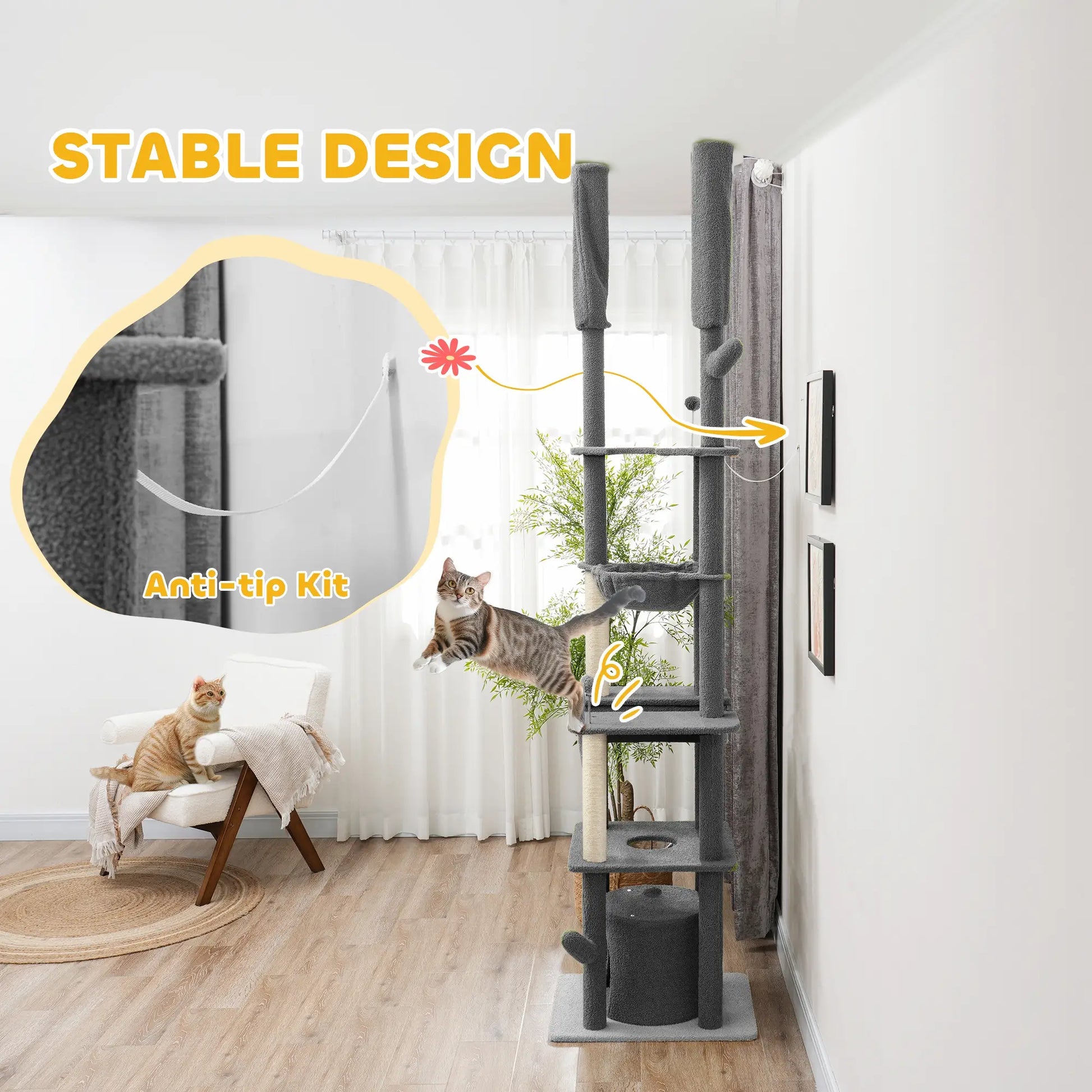 89"-100" Cat Tree Tower for Large Cats, Scratching Posts, Grooming Brush, Grey Floor to Ceiling Cat Trees at Gallery Canada