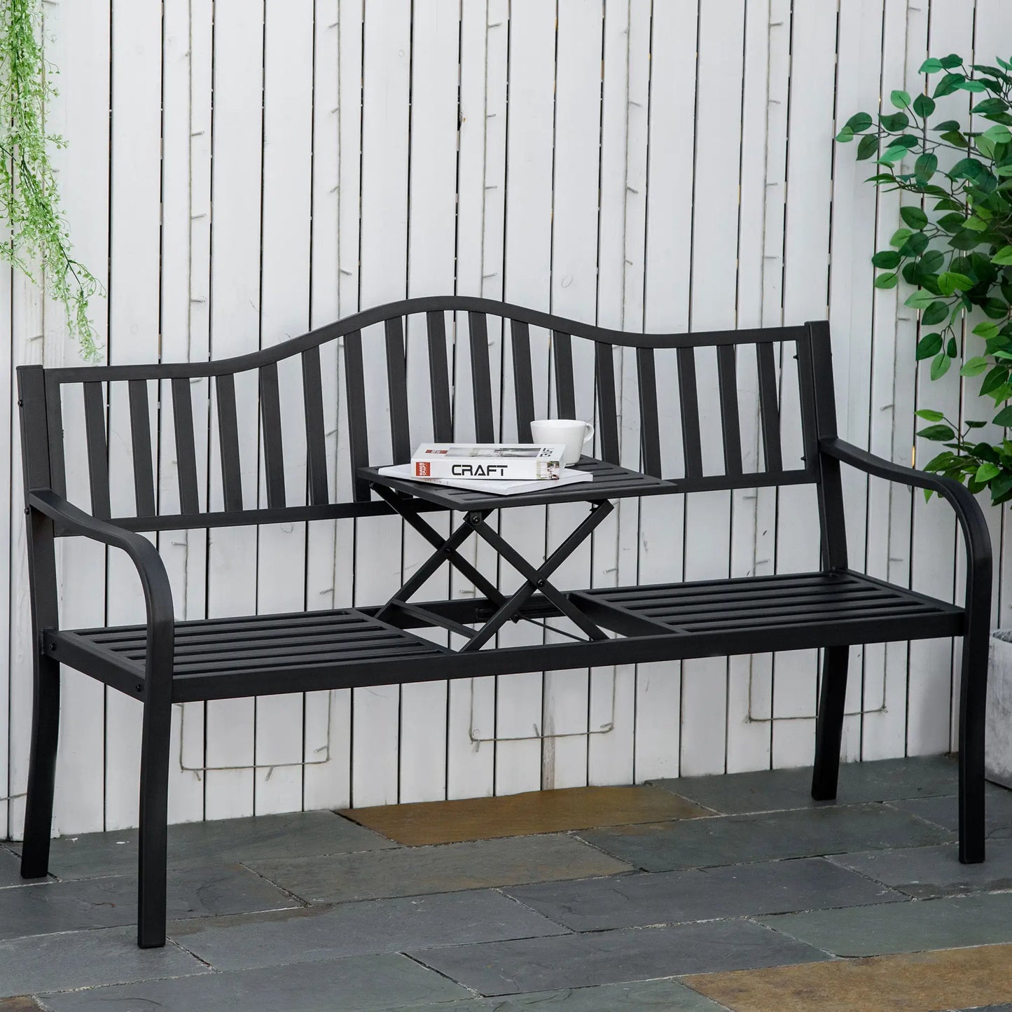 Metal Outdoor Bench with Liftable Table, Patio Loveseat, Garden Bench, Black Outdoor Benches at Gallery Canada