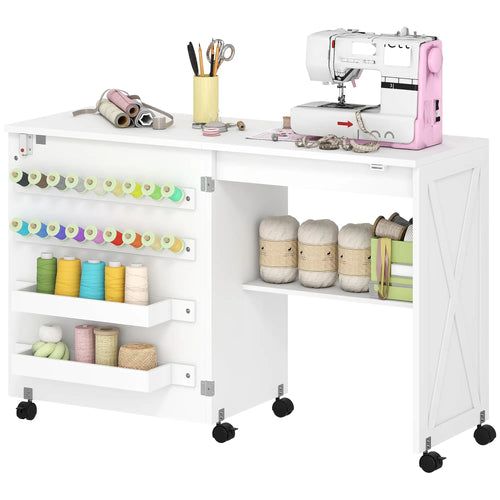 Sewing Machine Table on Wheels, Folding Craft Table with Storage, White