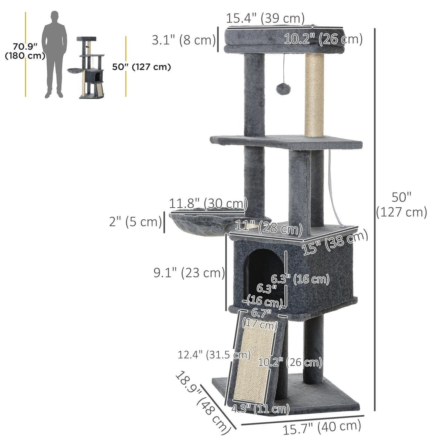 50 Inch Cat Tree, Multi-Level Tower with Sisal Posts, Ramp, Bed, Condo, Hammock, Toy Ball, Grey Cat Towers at Gallery Canada