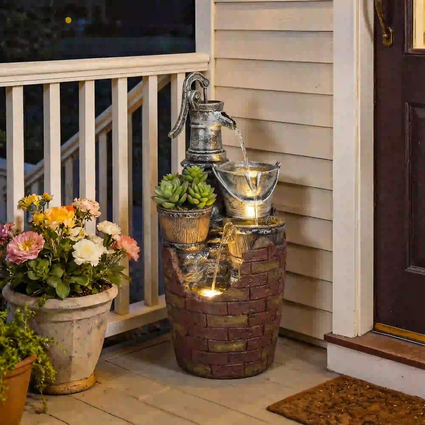 4-Tier Outdoor Fountain With Planter, Cascading Waterfall, LED Lights, Rustic Brown And Grey Water Fountains at Gallery Canada