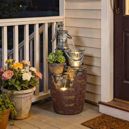 4-Tier Outdoor Fountain With Planter, Cascading Waterfall, LED Lights, Rustic Brown And Grey Water Fountains at Gallery Canada