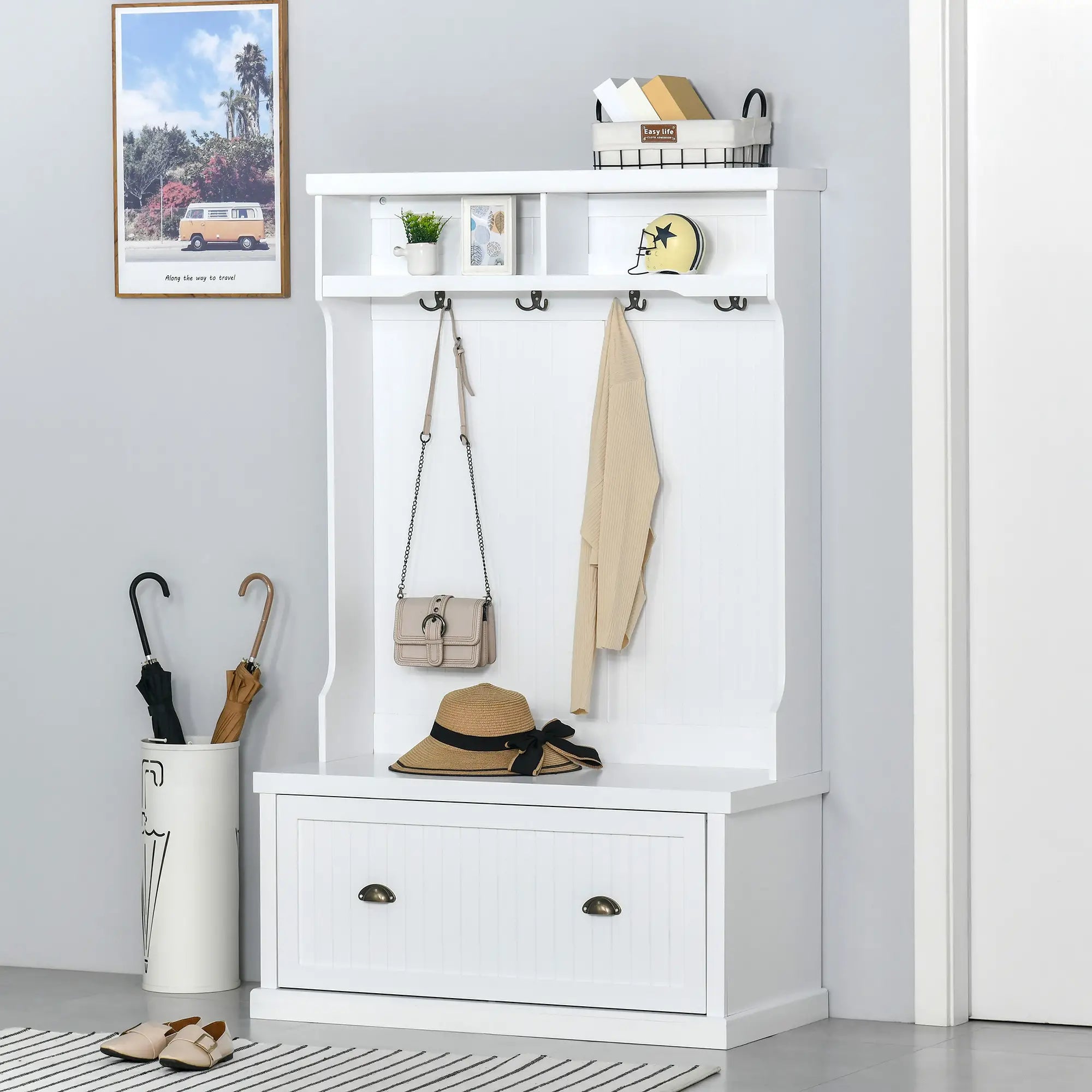 Modern Hall Tree, Coat Rack With Shoe Storage Bench, 3-in-1 Wardrobe, White Clothing Storage at Gallery Canada