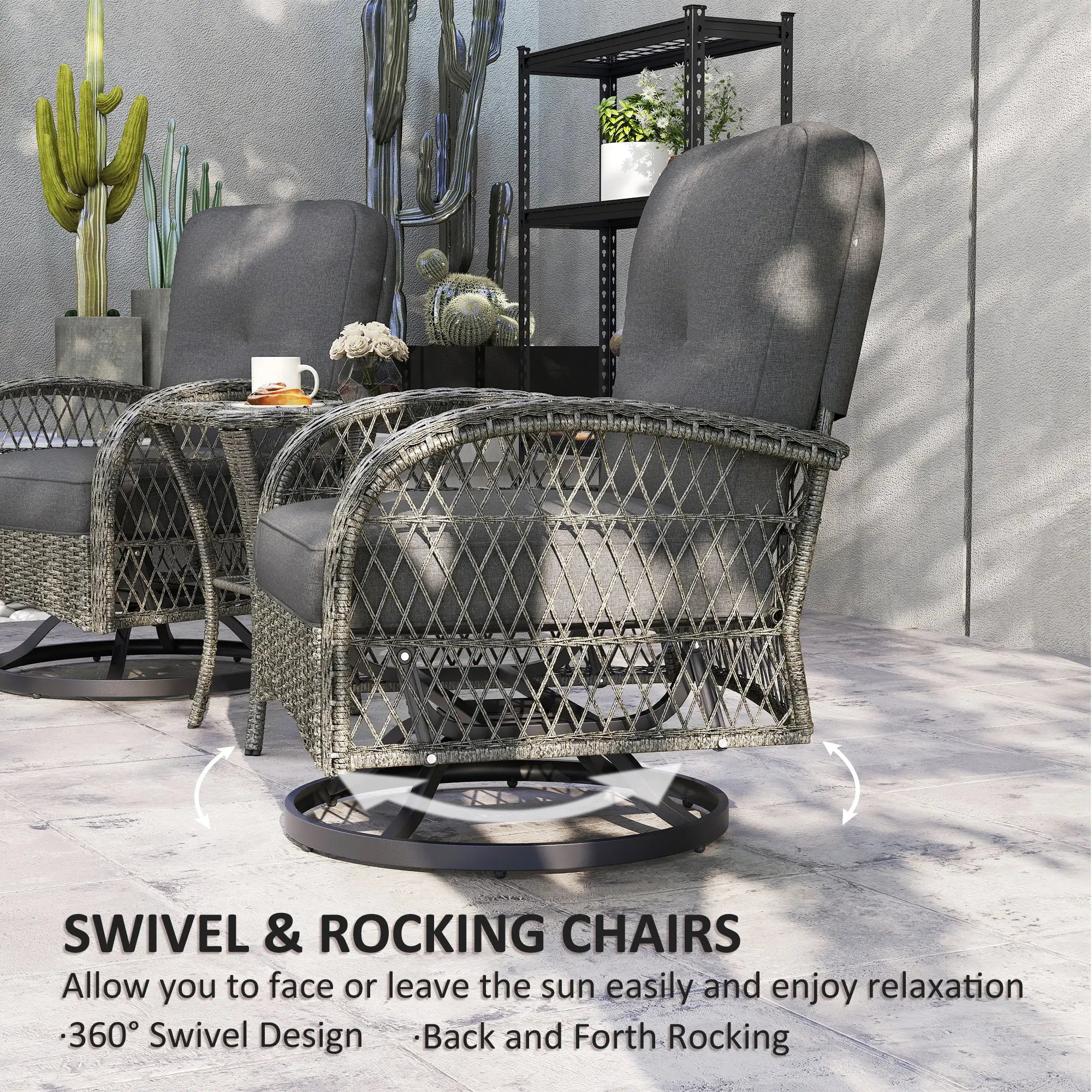 Wicker Balcony Furniture, 3 Piece Patio Set, 2 Swivel Rocking Chairs, 2-Tier Glass Coffee Table, Grey Bistro Sets at Gallery Canada