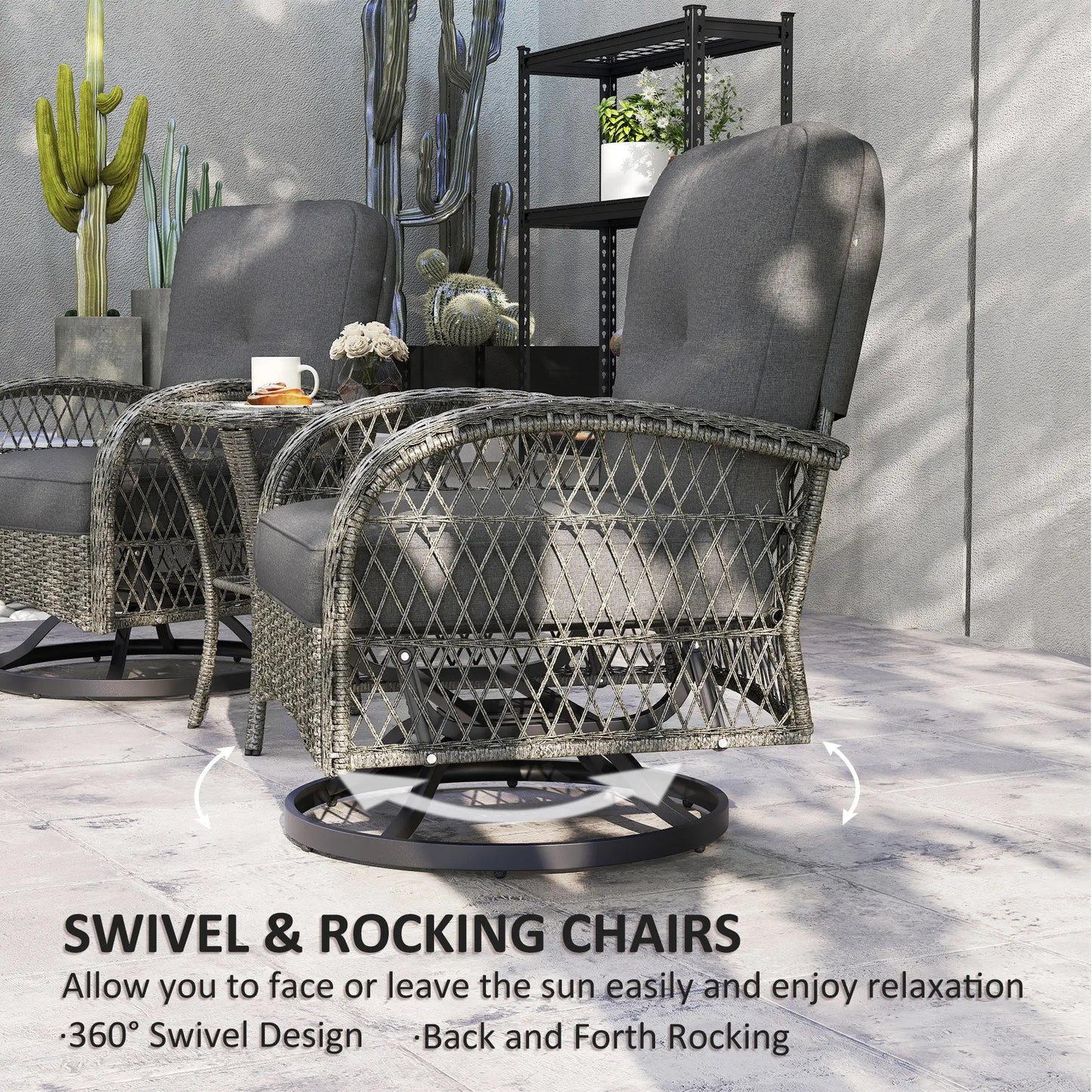 Wicker Balcony Furniture, 3 Piece Patio Set, 2 Swivel Rocking Chairs, 2-Tier Glass Coffee Table, Grey Bistro Sets at Gallery Canada