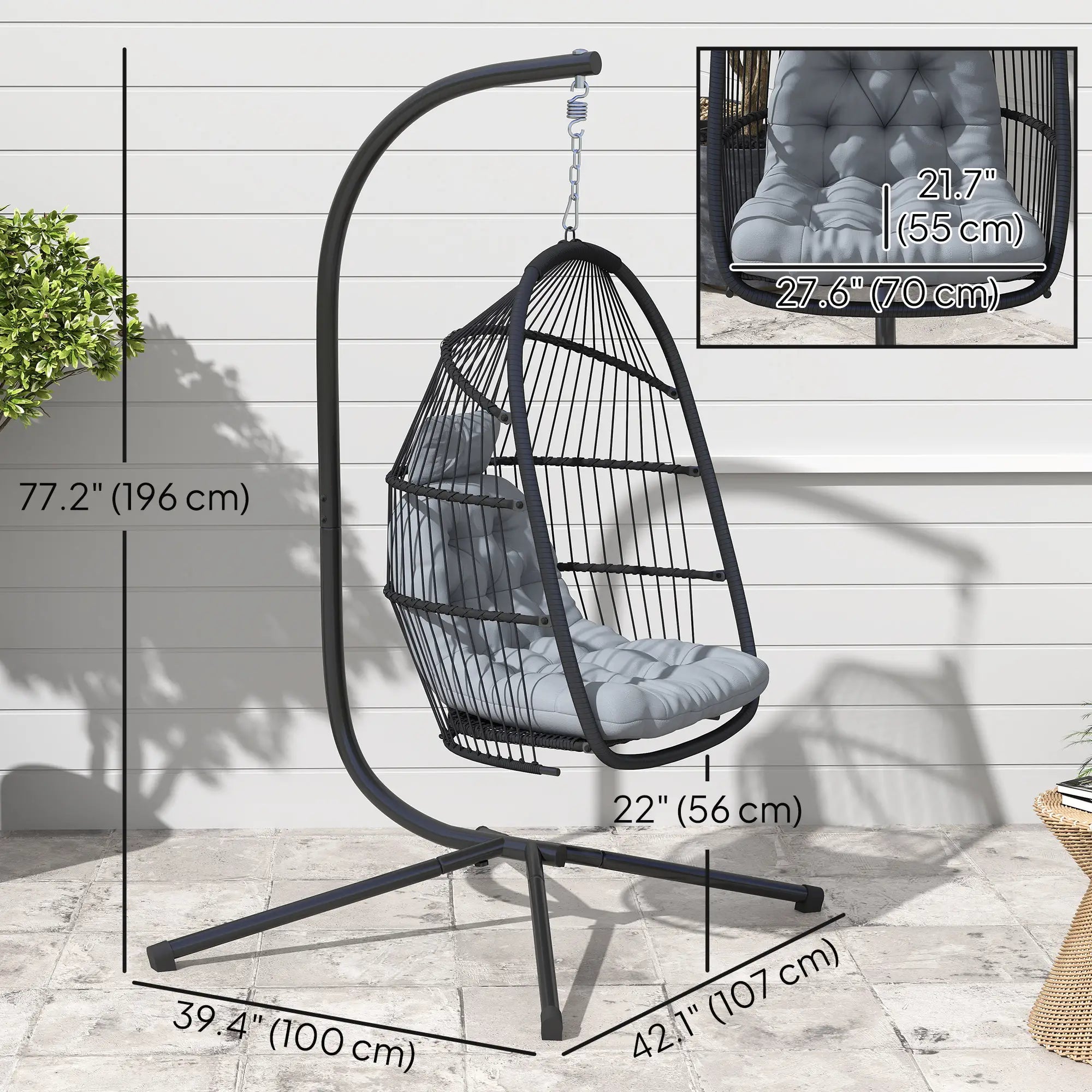 Wicker Egg Swing Chair, Foldable with Stand, UV Resistant Cushion, Headrest, Dark Grey Patio Swings with Stand at Gallery Canada