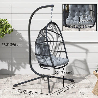 Wicker Egg Swing Chair, Foldable with Stand, UV Resistant Cushion, Headrest, Dark Grey Patio Swings with Stand at Gallery Canada