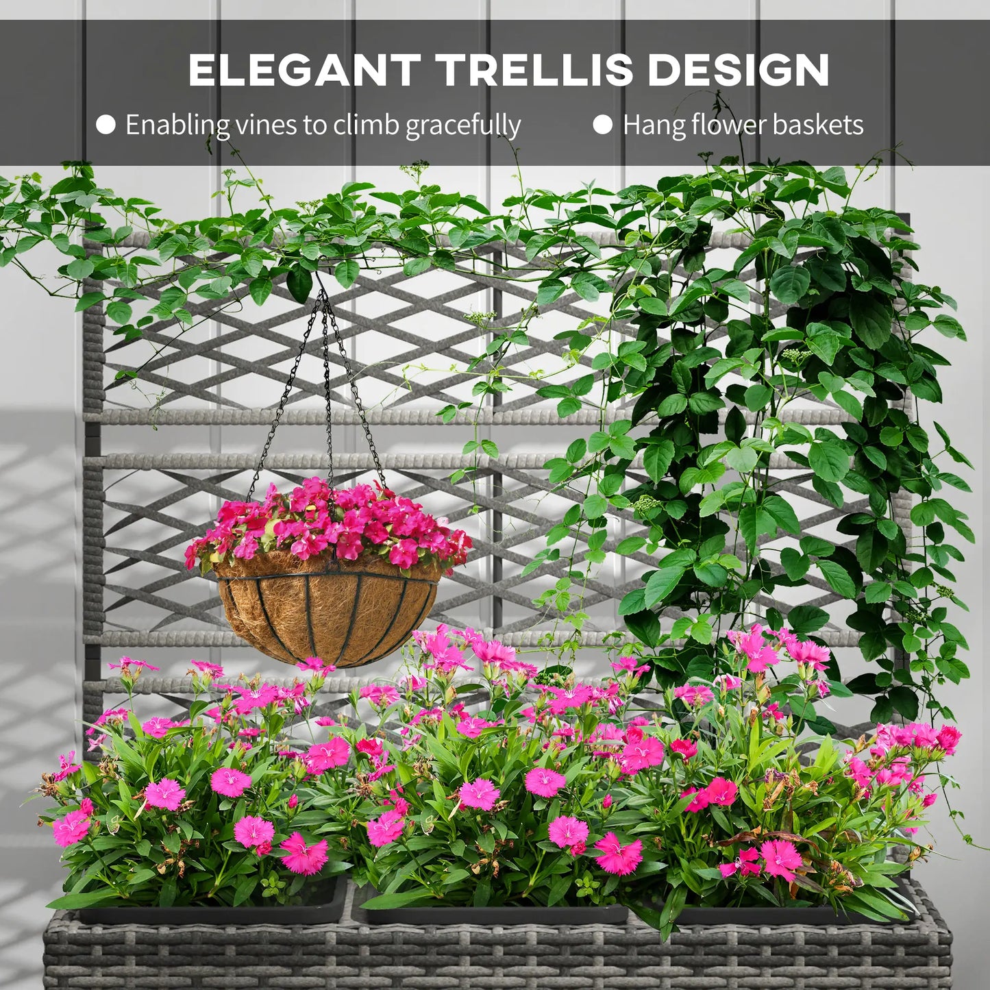 Lit de jardin surélevé en osier avec treillis, 42" de hauteur, gris mélangé