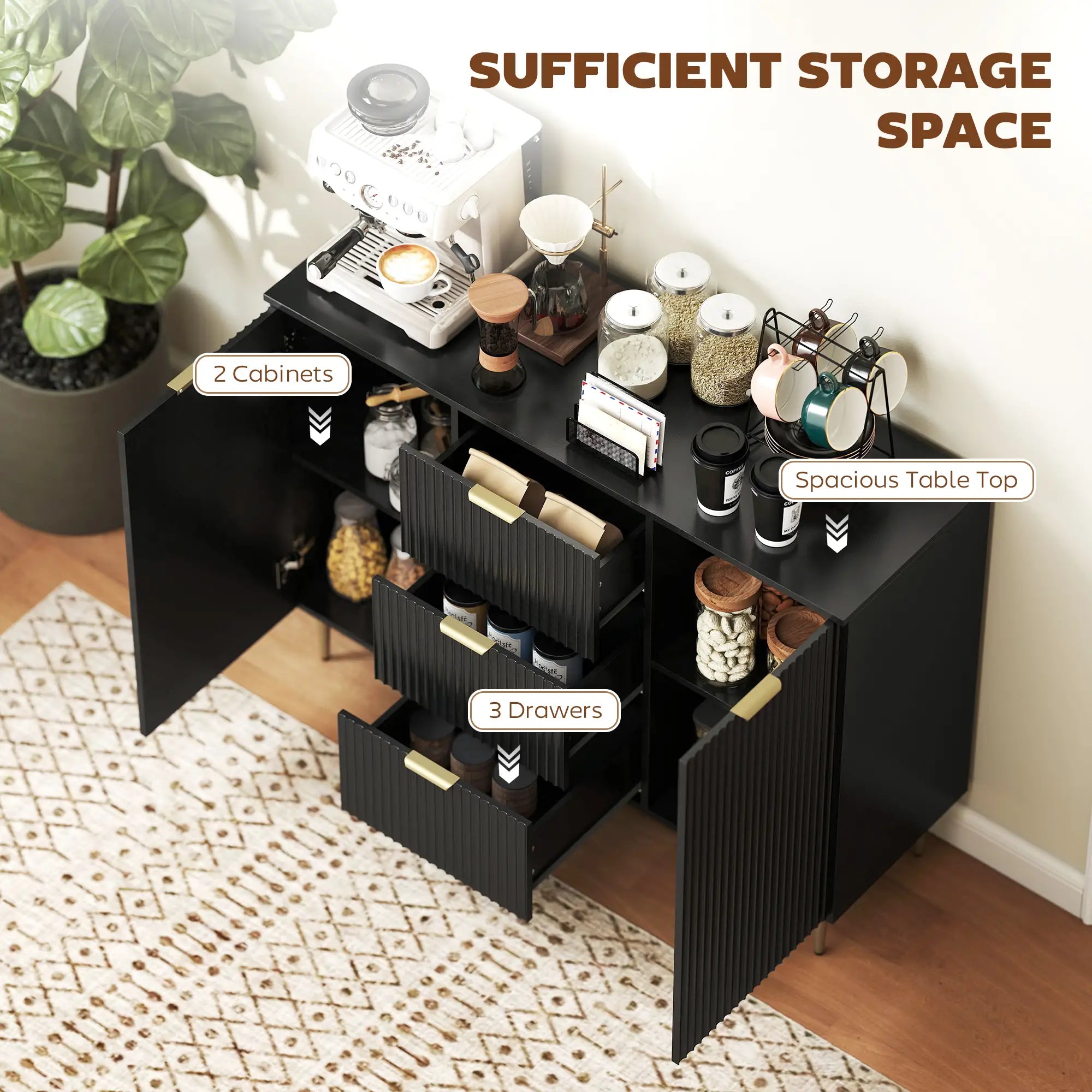 Modern Kitchen Storage Cabinet, 3 Drawers, Adjustable Shelves, Black Bar Cabinets at Gallery Canada