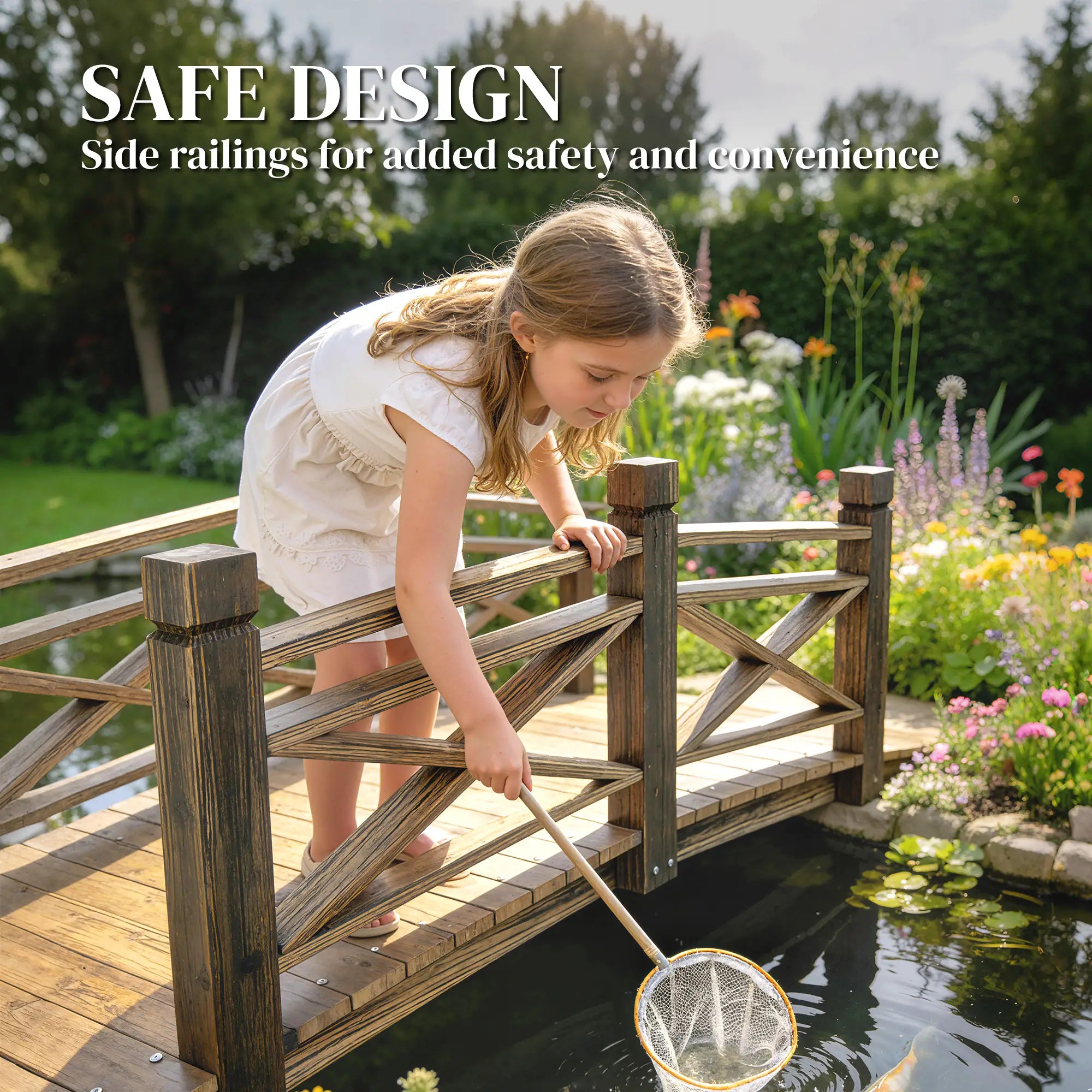 Garden Bridge, Wooden Arch Footbridge With Safety Rails, Carbonized Garden Decor at Gallery Canada