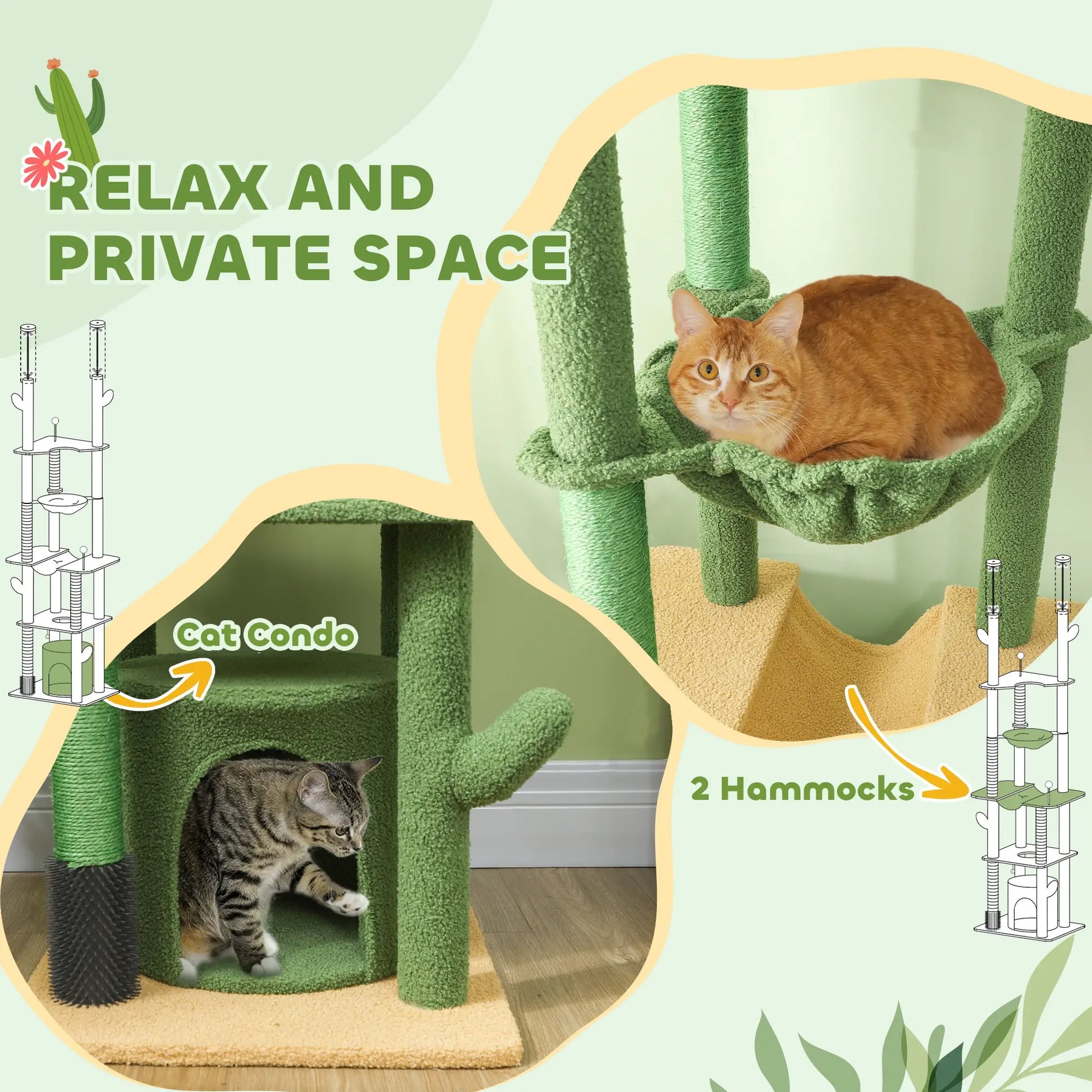 89"-100" Cat Tree Tower for Large Cats, Scratching Posts, Grooming Brush, Green Floor to Ceiling Cat Trees at Gallery Canada