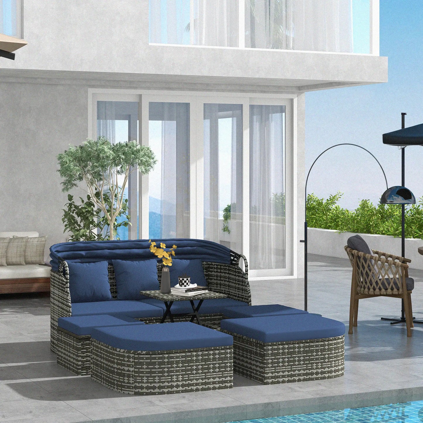 6-Piece Patio Set, PE Rattan Outdoor Daybed, Canopy, Lift Up Table Patio Furniture Sets at Gallery Canada