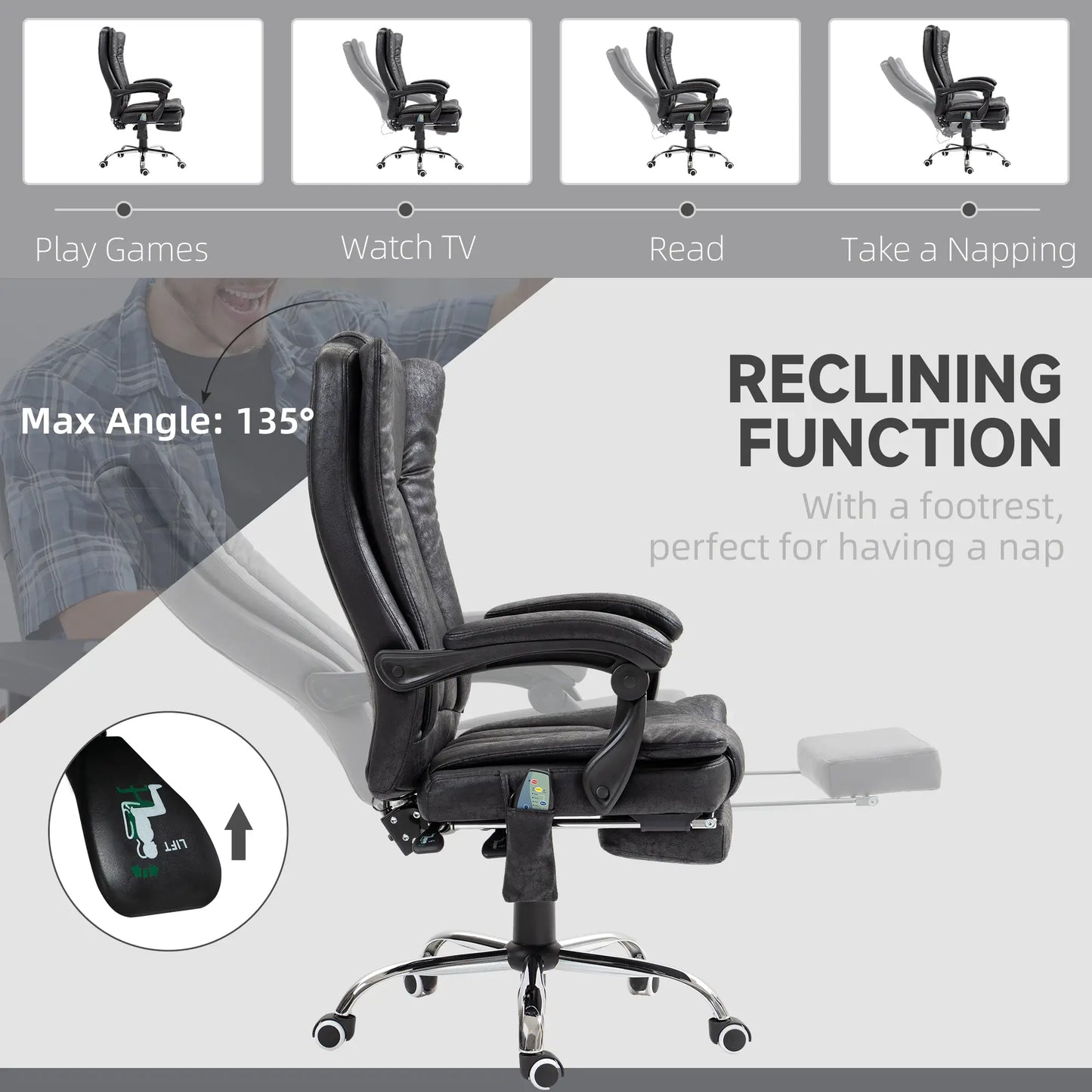 Office Chair, 6-Point Vibration Massage, Micro Fiber Recliner, Retractable Footrest, Black Massage Chairs at Gallery Canada