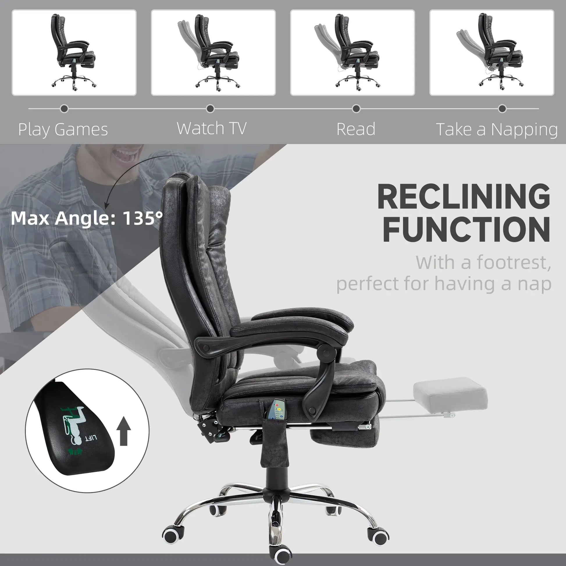 Office Chair, 6-Point Vibration Massage, Micro Fiber Recliner, Retractable Footrest, Black Massage Chairs at Gallery Canada