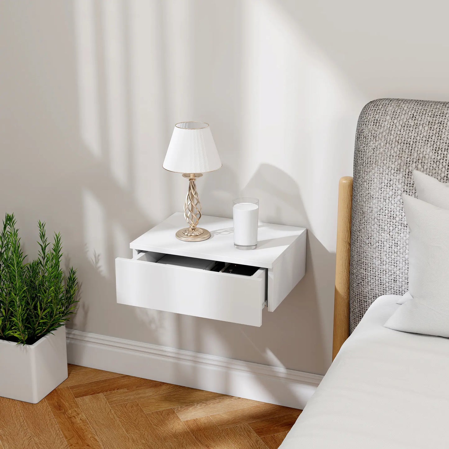 Set of 2 Wall Mounted Bedside Tables, High Gloss Floating Nightstands with Drawer, White Bedside Tables at Gallery Canada