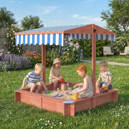 Wooden Sandbox with Cover, Adjustable Canopy, Seats, Dark Brown Sandboxes & Accessories at Gallery Canada