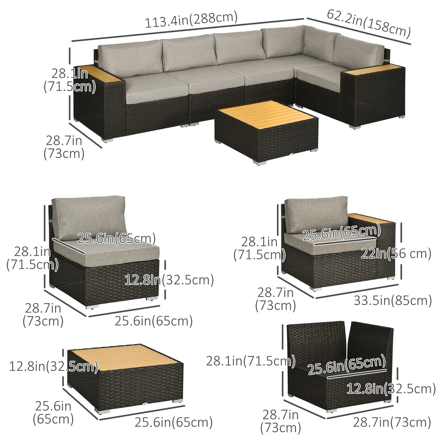 6-Piece Outdoor Rattan Patio Set, Corner Sofa, WPC Table, Light Grey Patio Furniture Sets at Gallery Canada