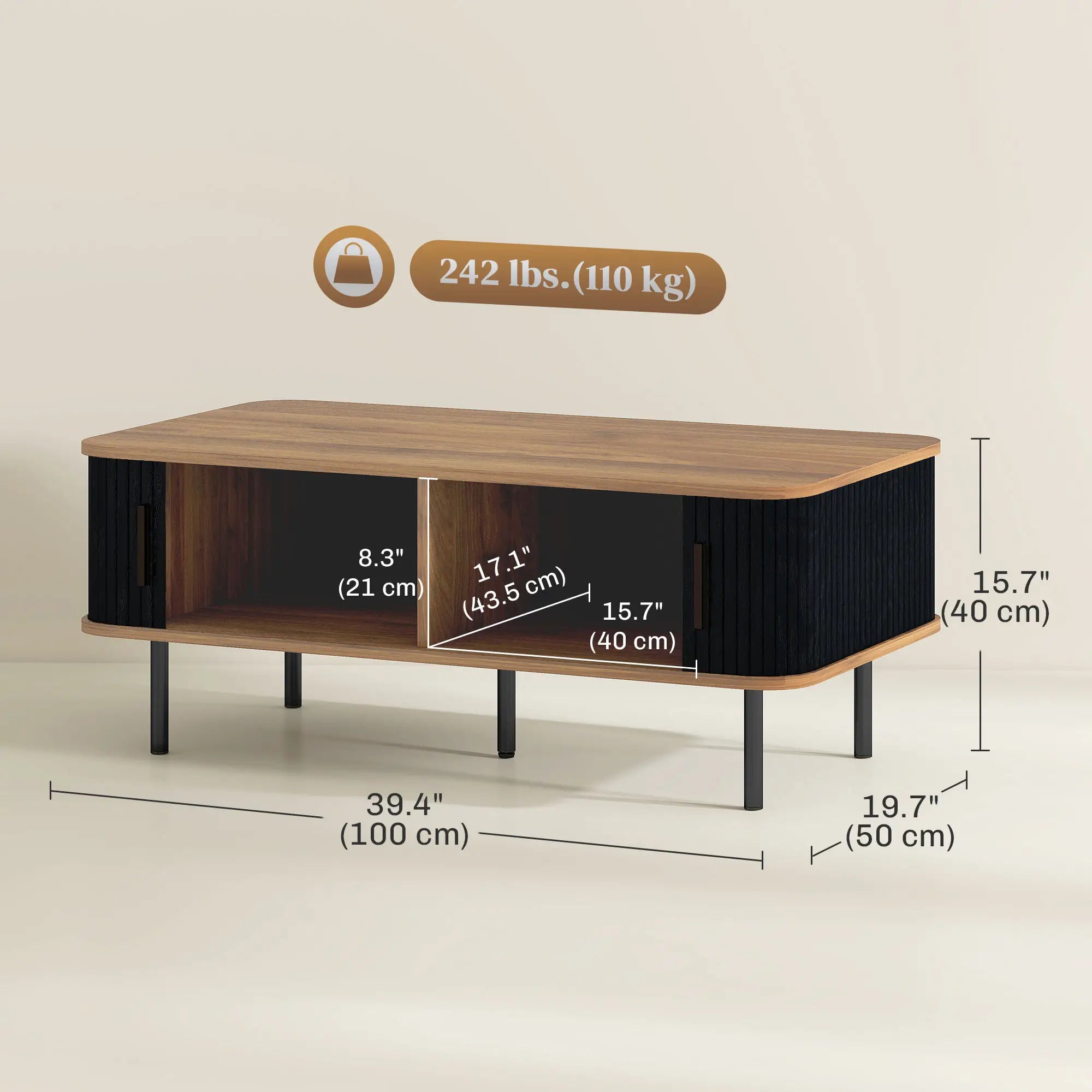 Nordic Side Table with Fluted Tambour Sliding Doors and Steel Legs, Coffee Table with Storage for Living Room, Black Coffee Tables at Gallery Canada
