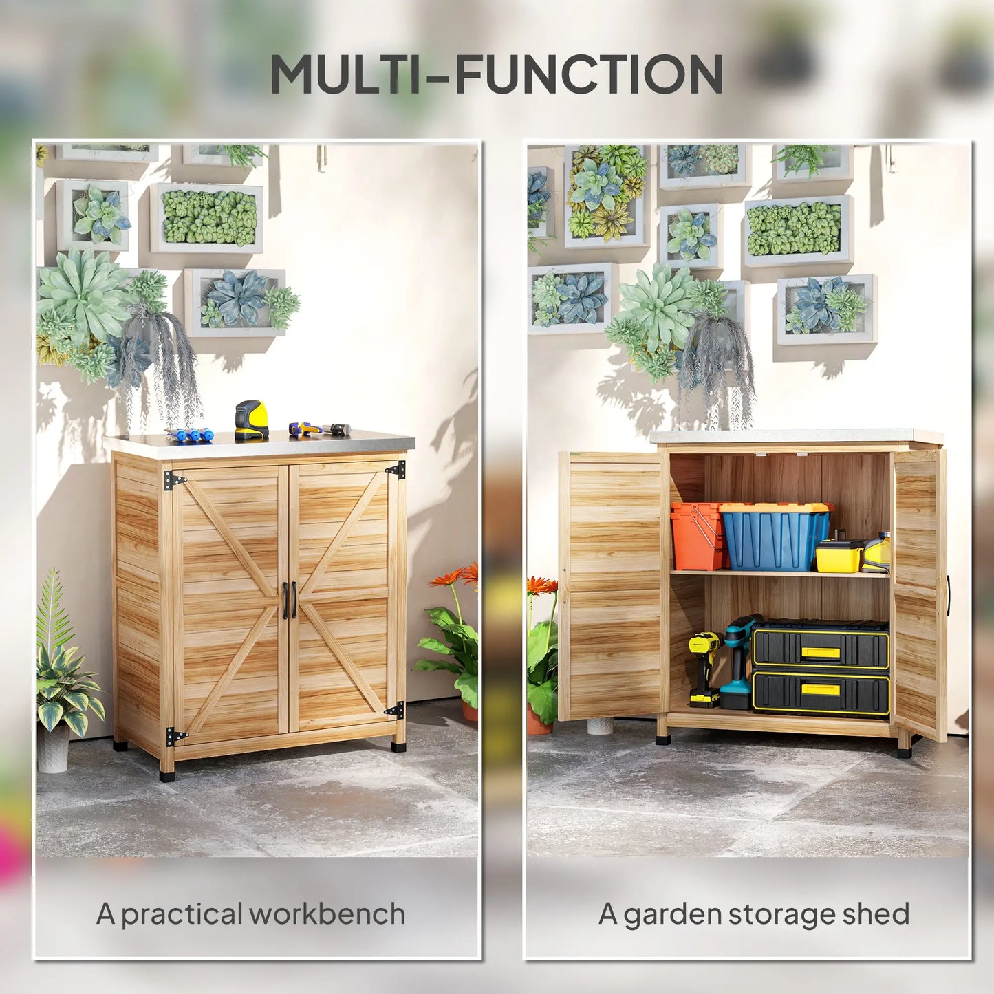Outdoor Potting Bench Table, Metal Tabletop, Shelf, Double Doors, Natural Sheds at Gallery Canada