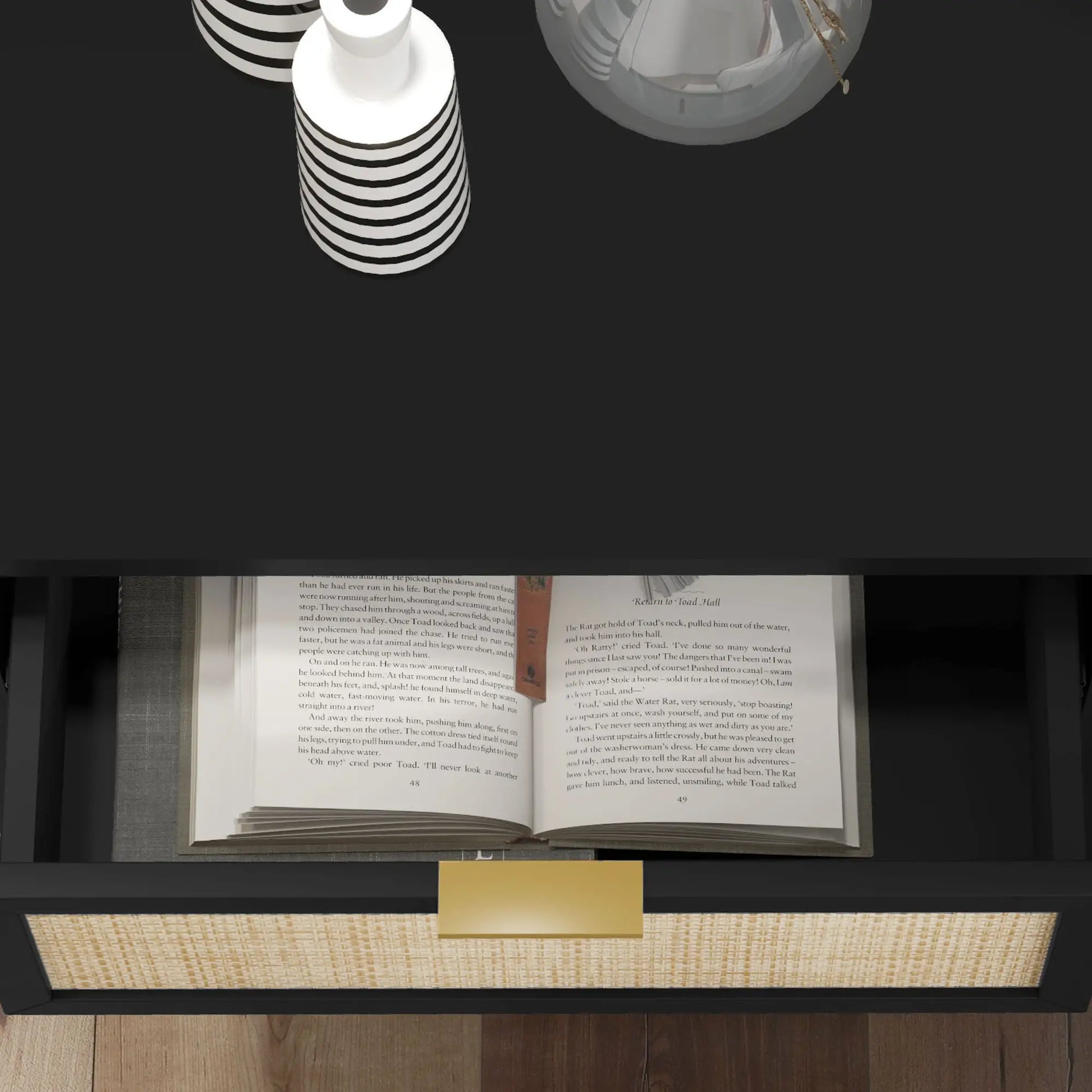 Boho Nightstand, Rattan Drawer, Open Shelf, Bedside Table, Black Bedside Tables at Gallery Canada