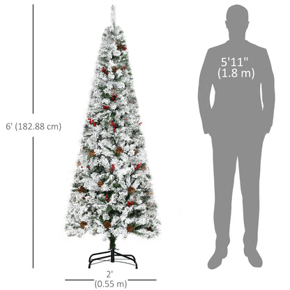 6 Foot Flocked Artificial Christmas Tree, 600 Pine Branches, Pine Cones, Red Berries, Auto Open, Green Pencil Christmas Trees at Gallery Canada