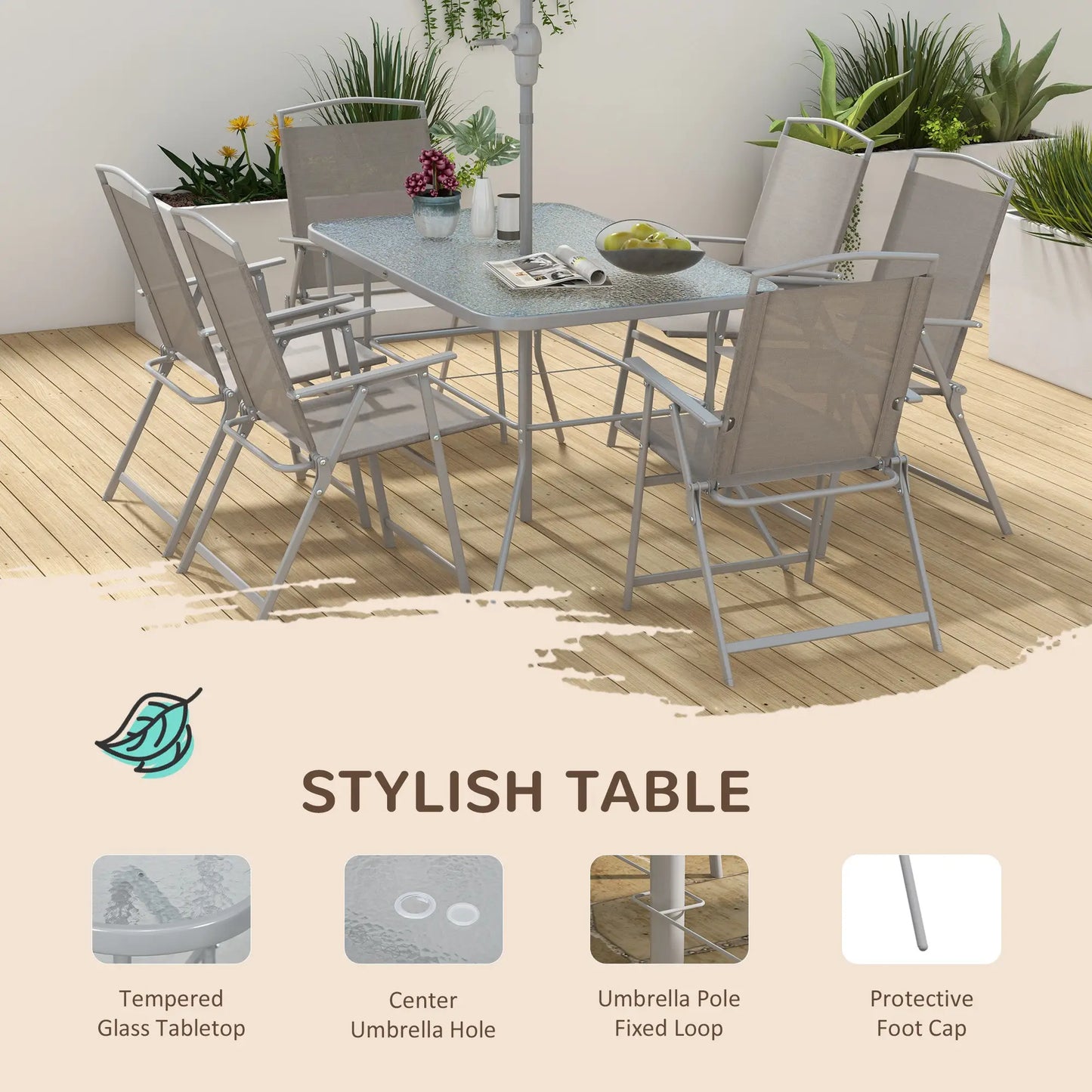 8 Piece Patio Dining Set, 6 Folding Chairs, Rectangle Table, Grey Outdoor Dining Sets at Gallery Canada