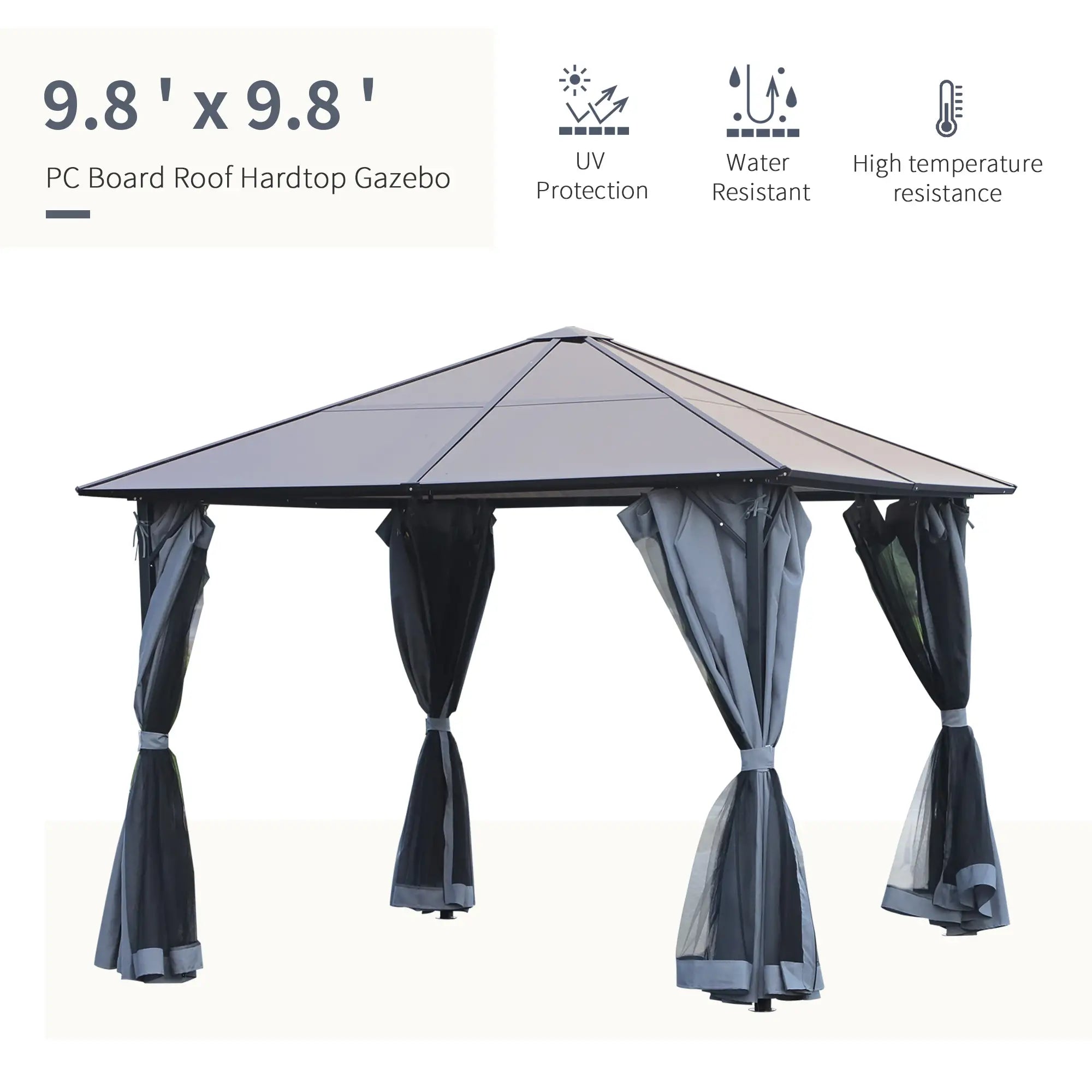9.8' x 9.8' Aluminum Gazebo, Hardtop Roof, Mesh Curtains, Grey Gazebos at Gallery Canada