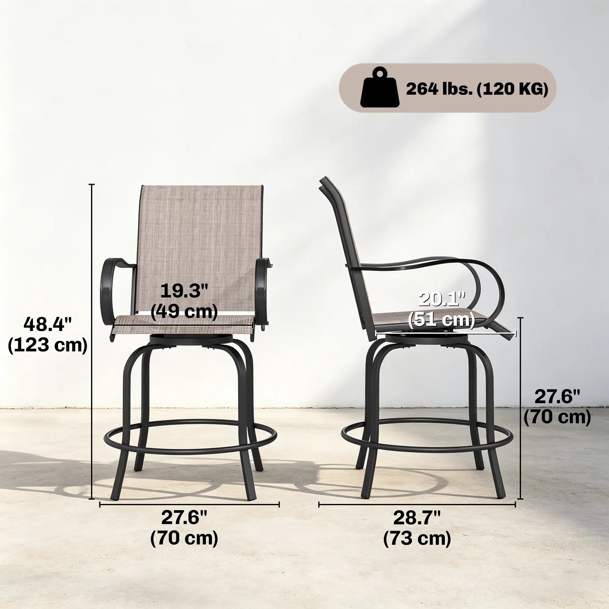 Outdoor Bar Stools Set of 2, 360° Swivel Bar Height Chairs, 26.8