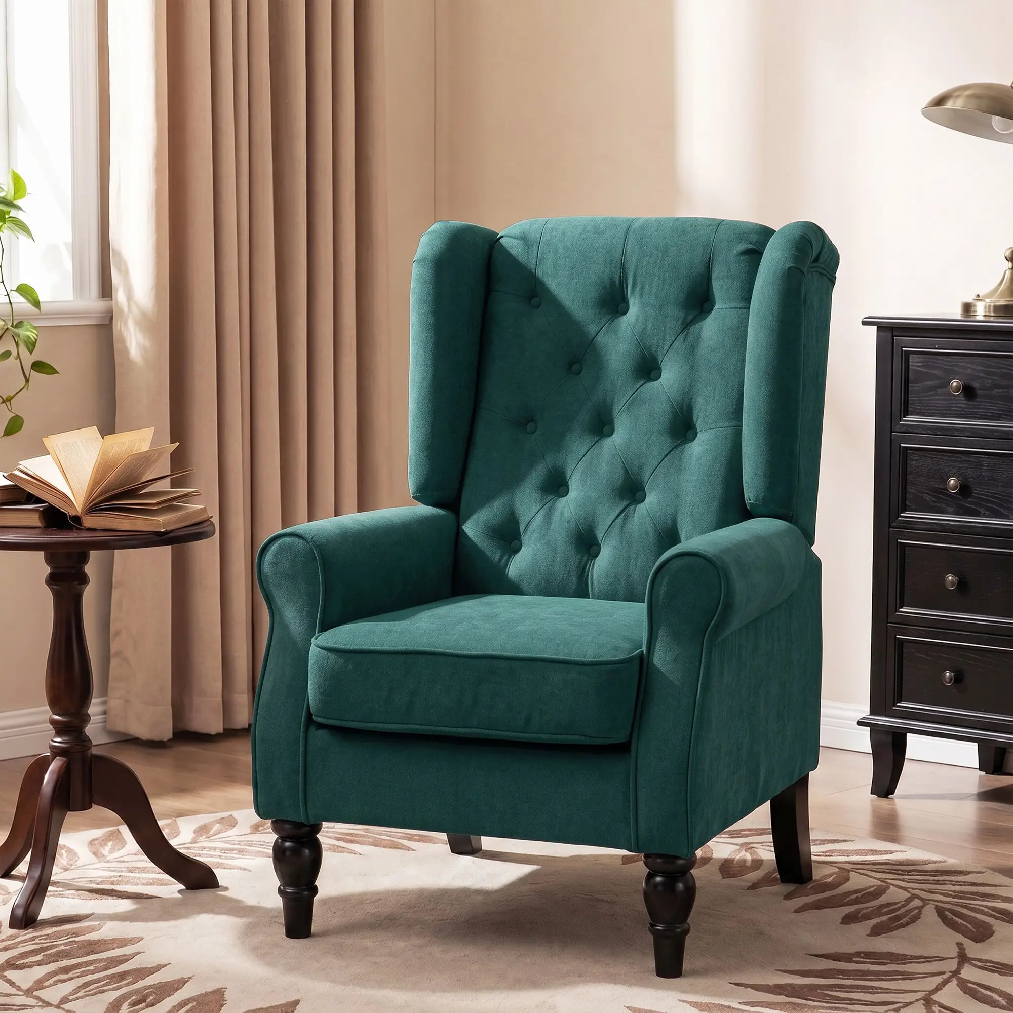 Fabric Accent Chair, Button Tufted, Wood Legs, Dark Green Accent Chairs at Gallery Canada