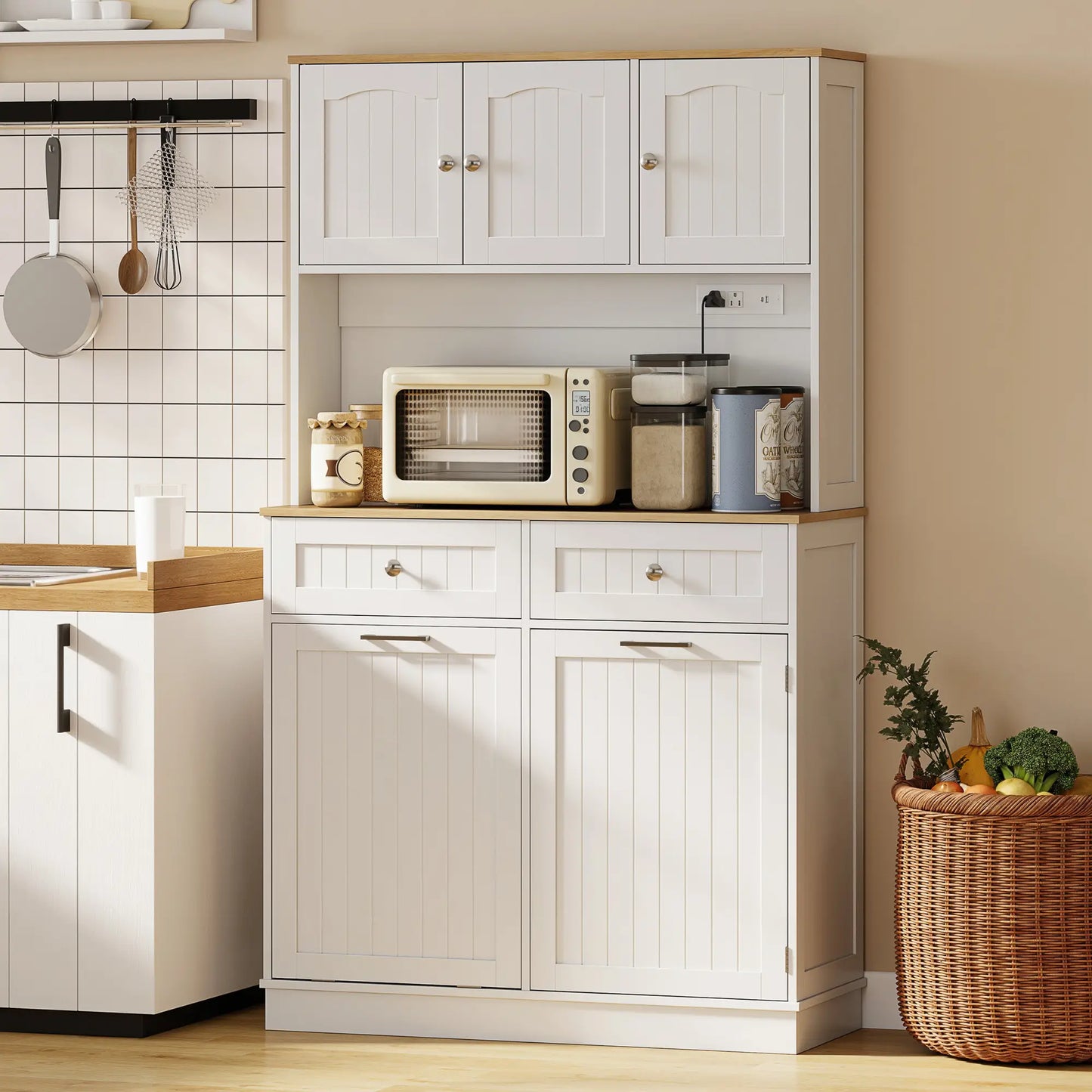 68 Inch Pantry Cabinet with Charging Station, Microwave Stand, Trash Can, White Kitchen Pantry Cabinets at Gallery Canada