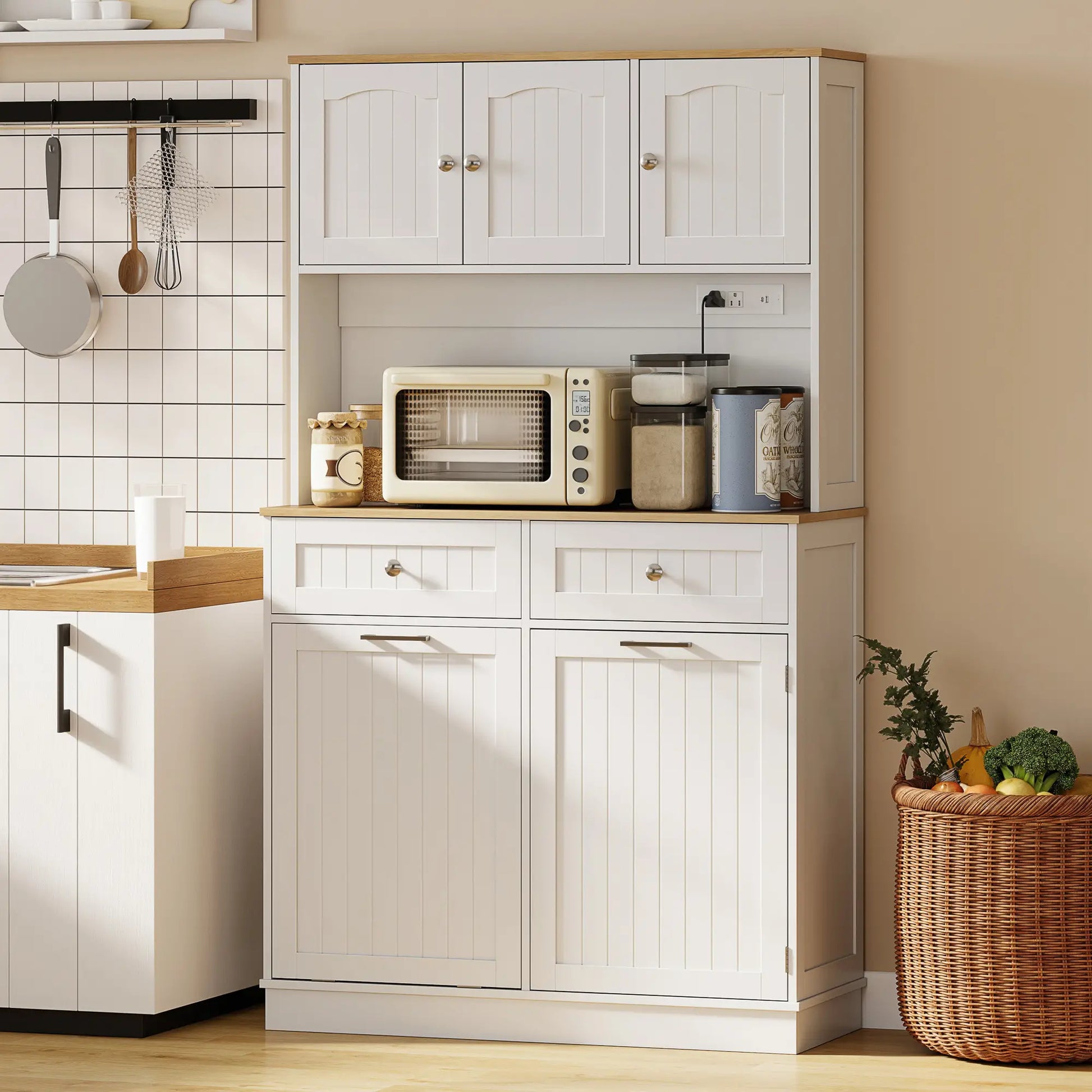 68 Inch Pantry Cabinet with Charging Station, Microwave Stand, Trash Can, White Kitchen Pantry Cabinets at Gallery Canada