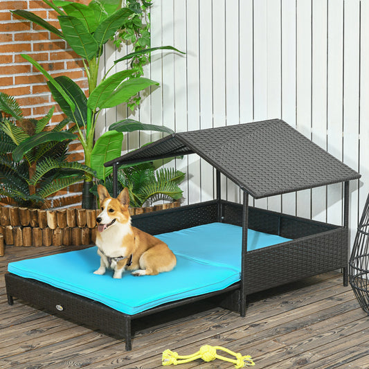 Outdoor Dog House Extendable Wicker Dog Bed with Soft Cushion Washable Cover, for Small and Medium Dogs, Blue - Gallery Canada