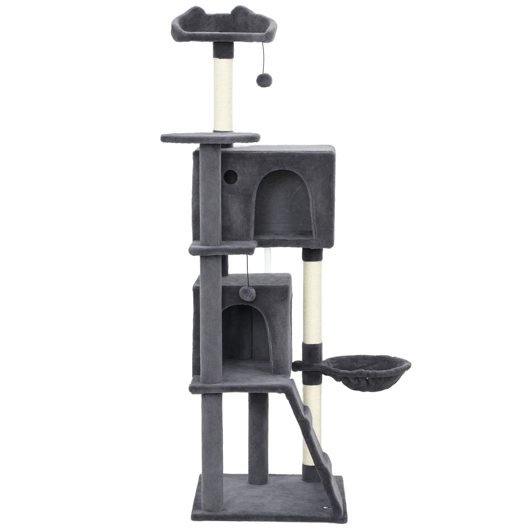 63 Inch Cat Tree, Sisal Scratching Posts, Condos, Plush Perches, Hammock, Ladder, Dangling Balls, Dark Grey Cat Towers Dark Grey, Cream White at Gallery Canada