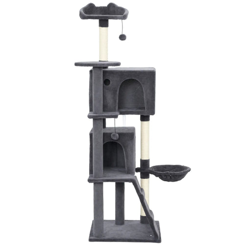 63 Inch Cat Tree, Sisal Scratching Posts, Condos, Plush Perches, Hammock, Ladder, Dangling Balls, Dark Grey