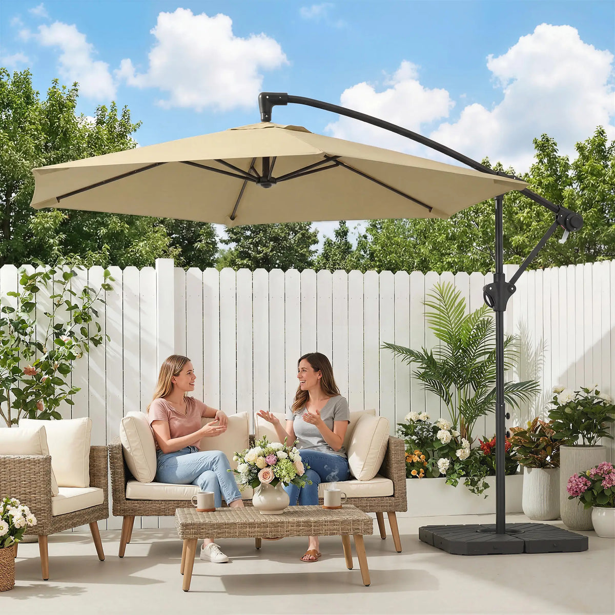 9.7 ft Offset Patio Umbrella, Water/Sand Fillable Weights, Khaki Offset Cantilever Umbrellas at Gallery Canada