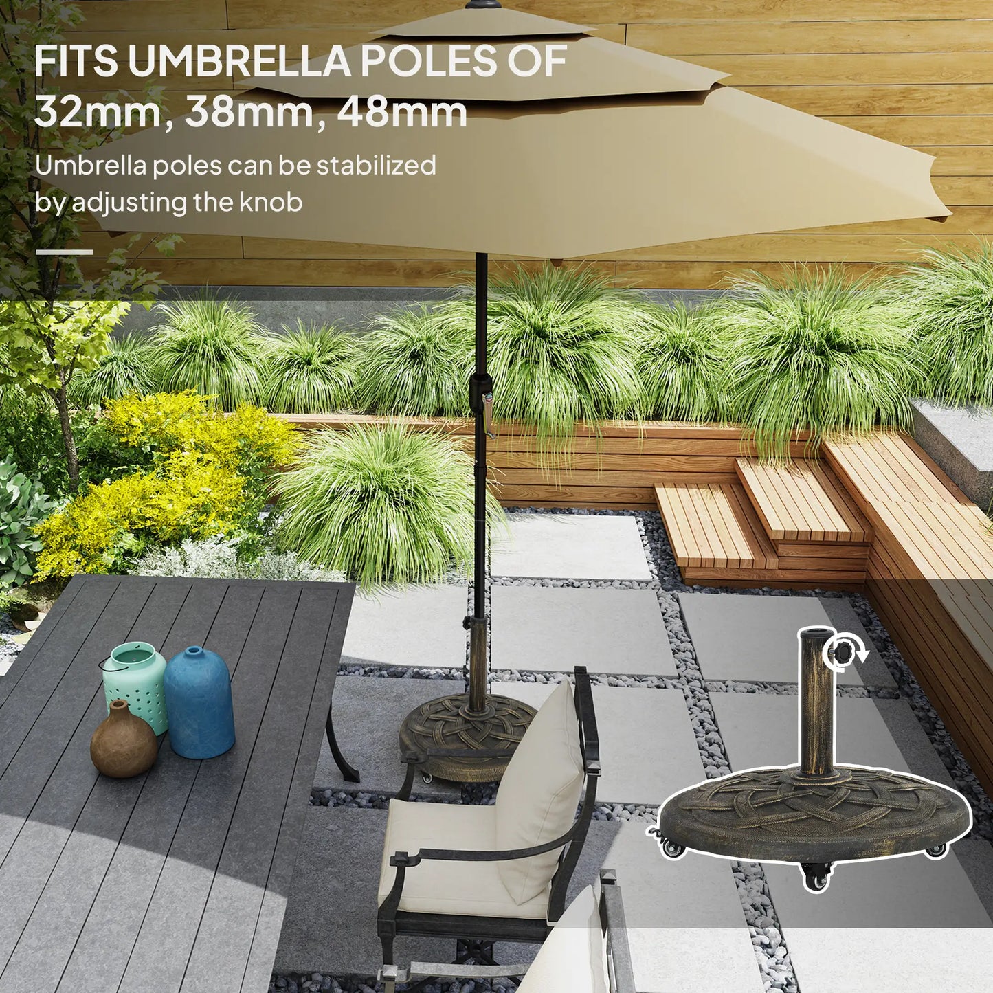 Round Patio Umbrella Base With Wheels, 44 Lbs Resin Stand, 1.3"/1.5"/1.9" Poles, Bronze Umbrella Bases at Gallery Canada