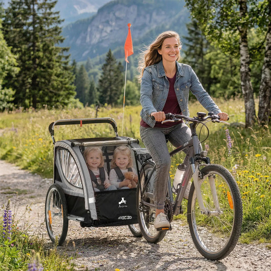 2 Seat Bike Trailer, 2-in-1 Baby Stroller, Handbrake, Rubber Wheels, Grey Kids Bike Trailers Grey, Black, Silver at Gallery Canada