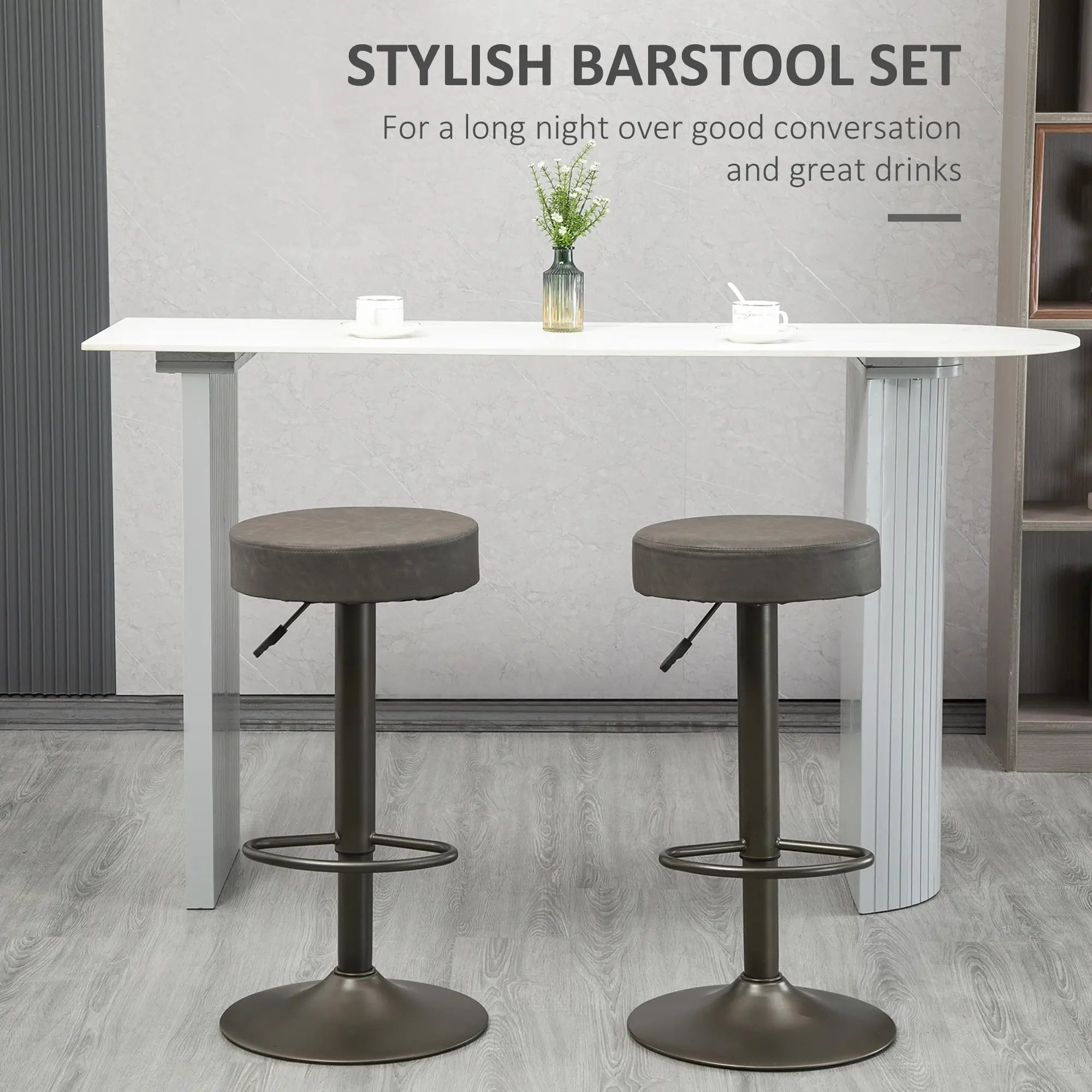 Adjustable Bar Stools Set of 2, Swivel with Footrest, PU Leather Round Top, Dark Grey Bar Stools at Gallery Canada