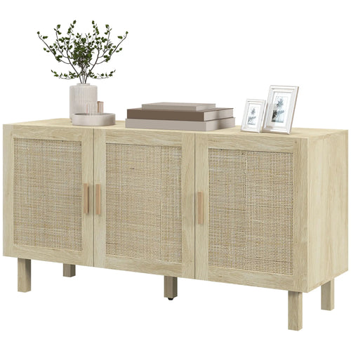 Boho Sideboard Buffet, 3 Rattan Doors, Adjustable Shelves, Natural