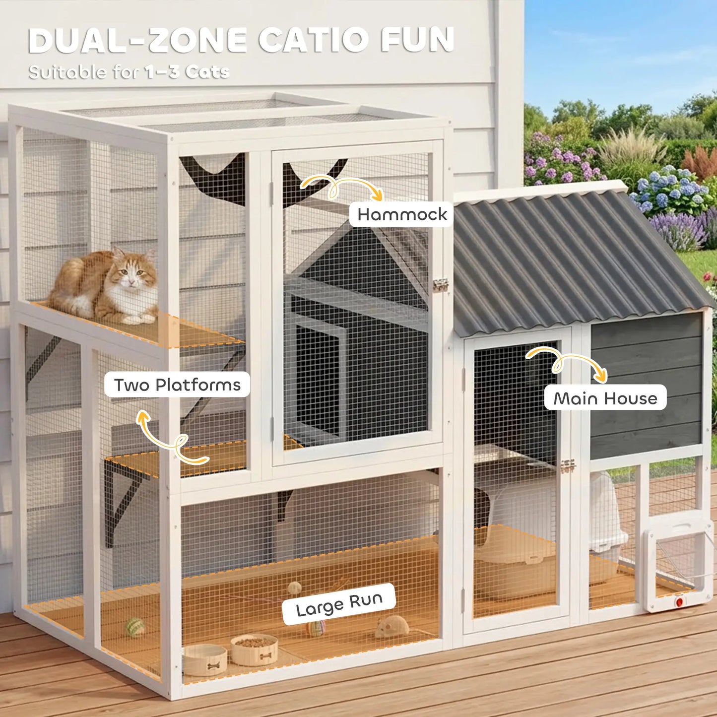 Large Catio, 63" L Outdoor Cat House with 4-Way Door, Hammock, 2 Platforms Outdoor Cat Enclosures at Gallery Canada