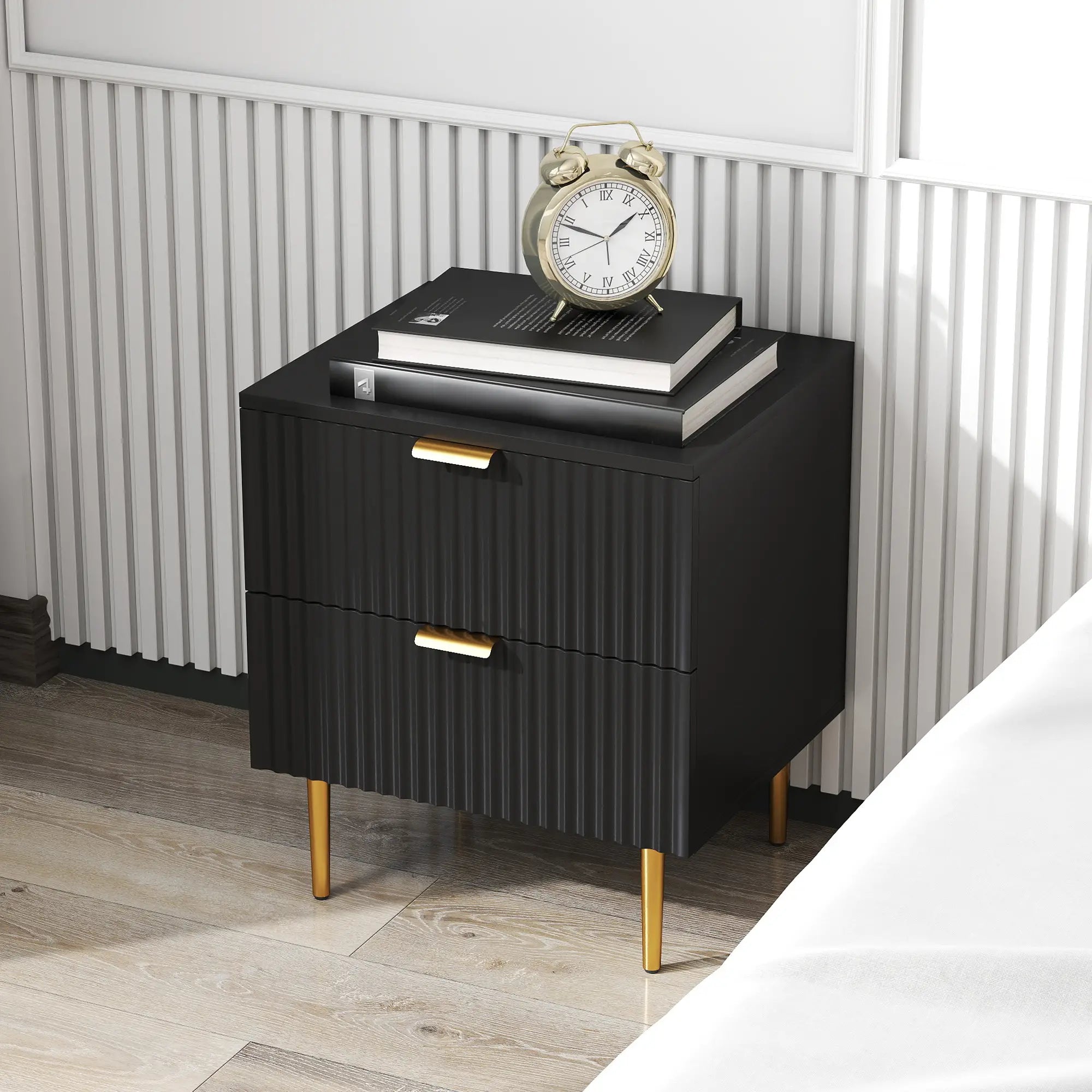 Modern Nightstand, 2 Drawers, Metal Legs, Black Bedside Tables at Gallery Canada