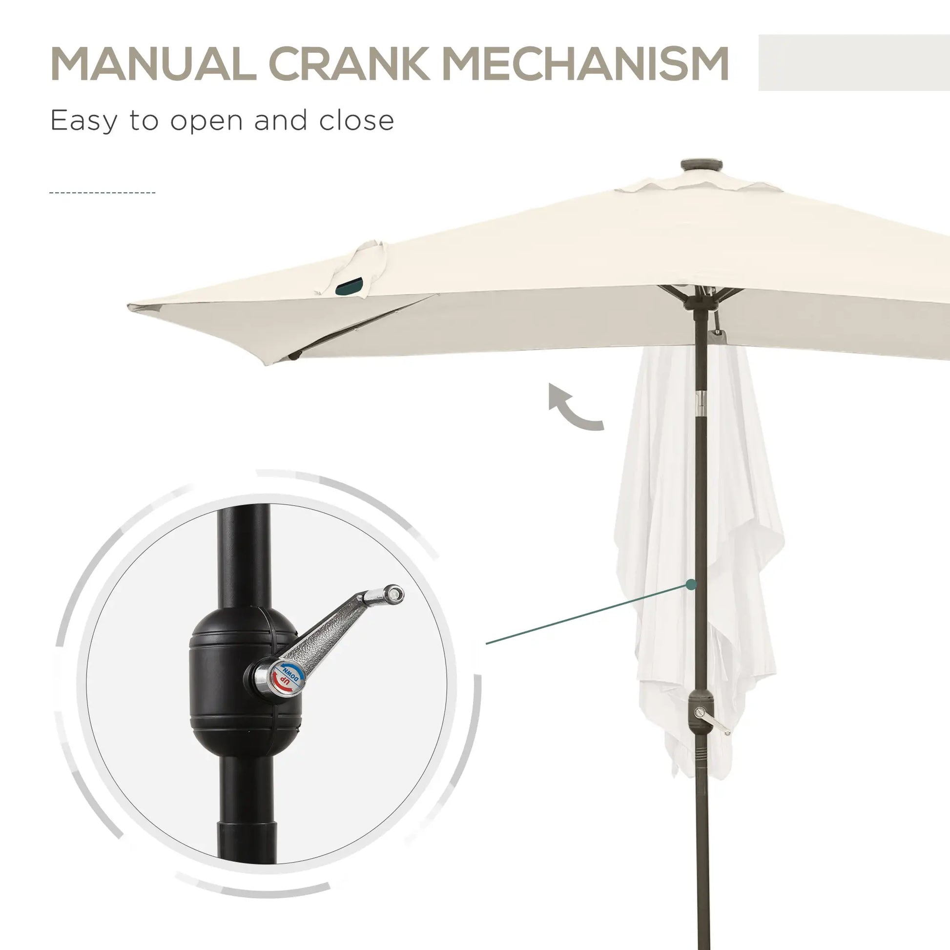 6' x 10' Rectangular Patio Umbrella, 22 LED Solar Lights, Tilt, Crank, Beige Sun Umbrellas at Gallery Canada