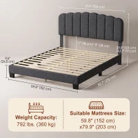 Cadre de lit Queen Size, Plateforme rembourrée, Tête de lit ajustable, Gris foncé, Gris foncé