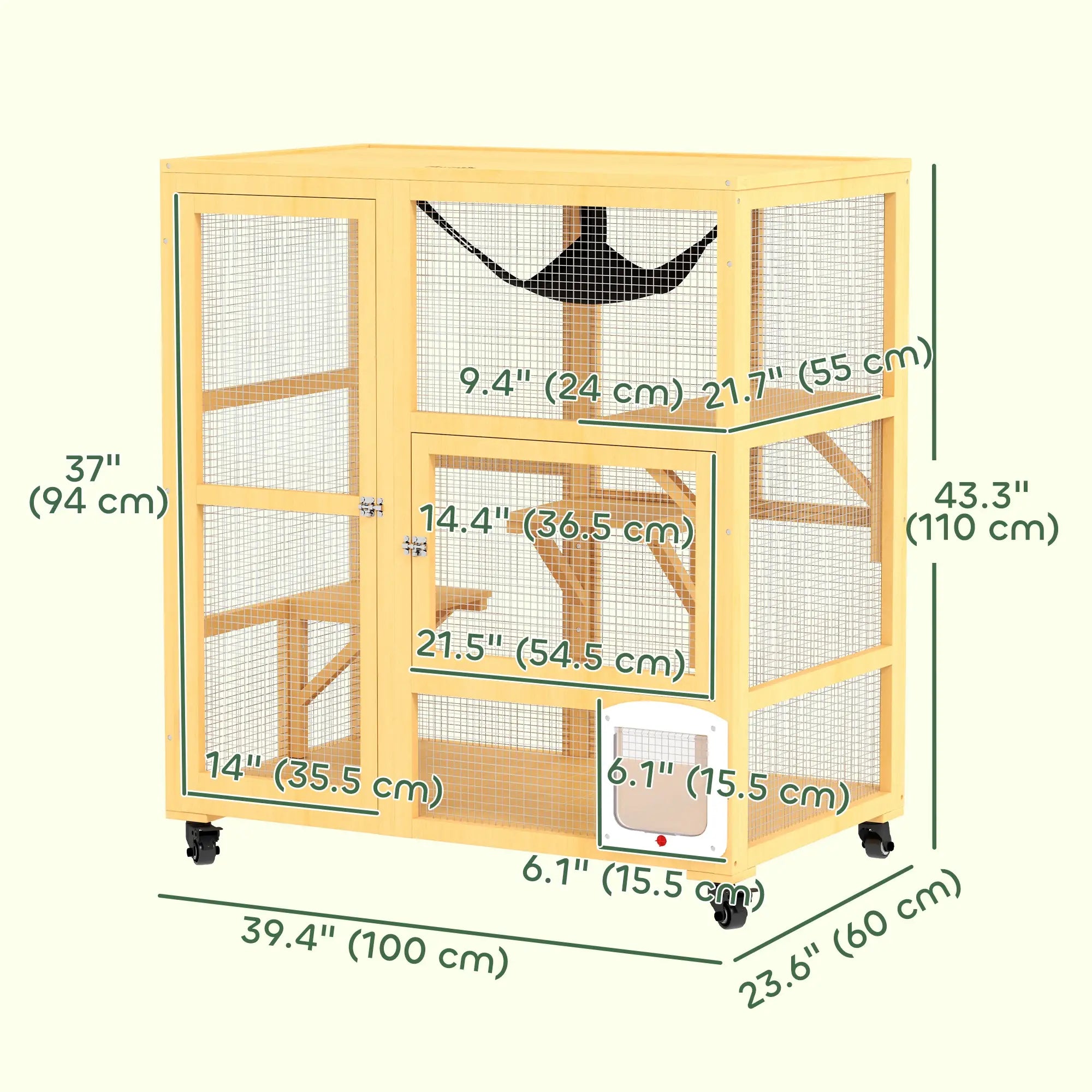 Wooden Cat Condo on Wheels, Cat Flap Door, Hammock, Openable Top, 2 Cats, Yellow Outdoor Cat Enclosures at Gallery Canada