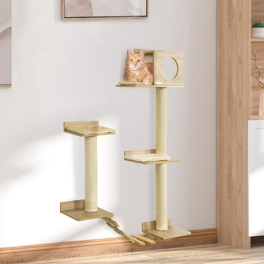 Wall Mounted Cat Tree with Scratching Post Condo Bridge Cushion Cat Climbing Shelves Furniture, Yellow - Gallery Canada