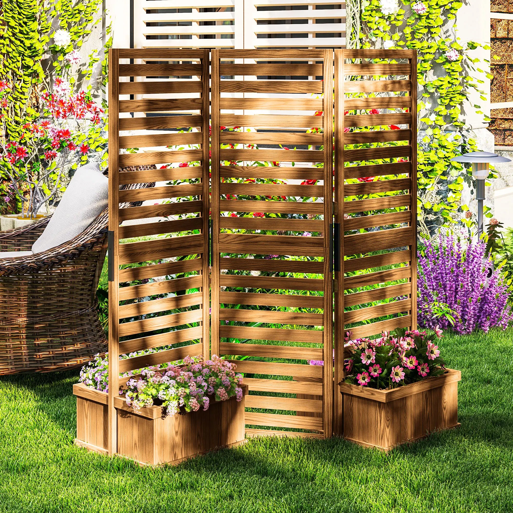Outdoor Privacy Screen, Wood Panel with 4 Planter Boxes, Raised Bed, 3 Panels Side Awnings at Gallery Canada